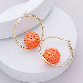 Raffia Wrapped Ball Pointed Metal Hoop Earrings