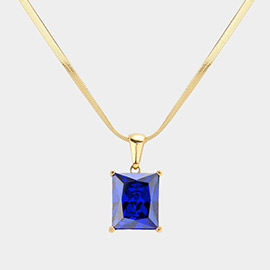 18K Gold Dipped Stainless Steel CZ Rectangle Pendant Necklace