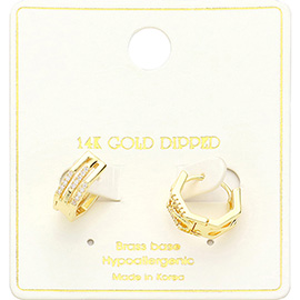 14K Gold Dipped Stone Paved Duo Octagon Huggie Hoop Earrings