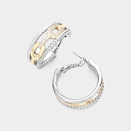 CZ Stone Paved Two Tone Metal Hoop Earrings