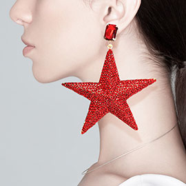 Rhinestone Embellished Metal Star Dangle Earrings