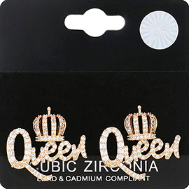 CZ Stone Paved QUEEN Message Stud Earrings