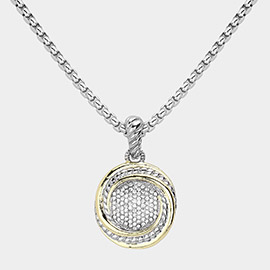 Stone Paved Two Tone Disc Pendant Necklace