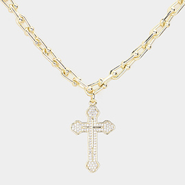 CZ Stone Paved Cross Pendant Necklace