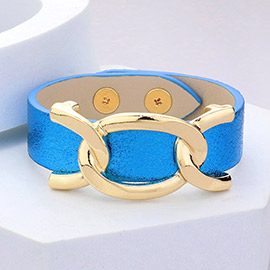 Faux Sparkle Leather Metal Link Accented Snap Bracelet