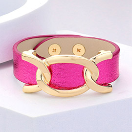 Faux Sparkle Leather Metal Link Accented Snap Bracelet