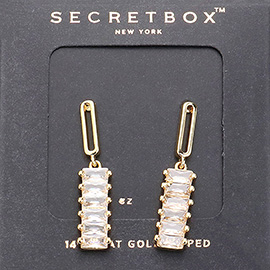 SECRET BOX_14K Gold Dipped Baguette CZ Stone Accented Dangle Earrings