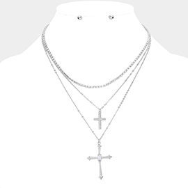 Stone Paved Cross Pendant Double Layered Necklace