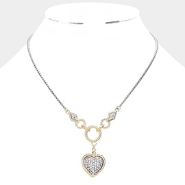 14K Gold Plated Two Tone Stone Paved Heart Pendant Necklace