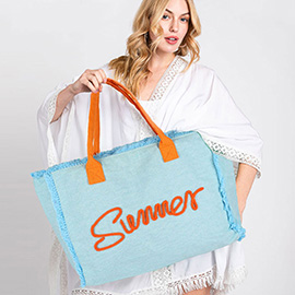 SUMMER Message Embroidered Fringe Canvas Tote Bag / Beach Bag