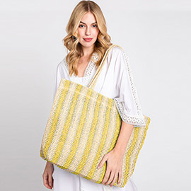 Striped Color Straw Crochet Tote Bag