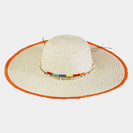 Colored Frayed Floppy Straw Hat With Multi Bands