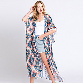 Aztec Print Open Front Long Kimono Poncho