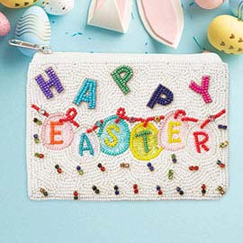 Stone Embellished HAPPY EASTER Message Seed Beaded Mini Pouch Bag