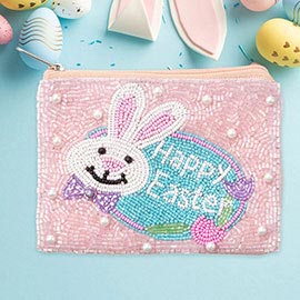 HAPPY EASTER Message Easter Bunny Seed Beaded Mini Pouch Bag