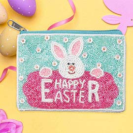 HAPPY EASTER Message Easter Bunny Seed Beaded Mini Pouch Bag