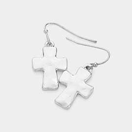 Worn Metal Cross Dangle Earrings