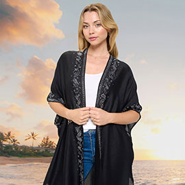 Bling Studded Leaves Pattern Pointed Kimono Poncho