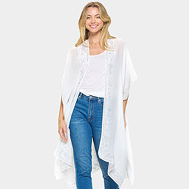Bling Studded Leaves Pattern Pointed Kimono Poncho