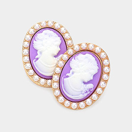 Pearl Embellished Cameo Stud Earrings