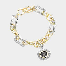 Oval Stone Pointed Charm Two Tone Textured Metal Link Toggle Bracelet