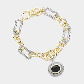 Oval Stone Pointed Charm Two Tone Textured Metal Link Toggle Bracelet