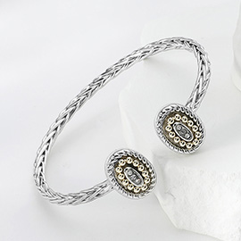 Stone Paved Oval Tip Braided Metal Cuff Bracelet