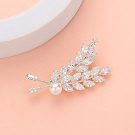 Pearl Pointed CZ Stone Cluster Leaf Pin Brooch