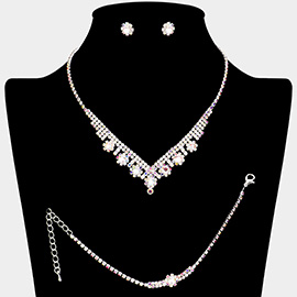 CZ Flower Pointed Rhinestone Paved Necklace Jewelry Set