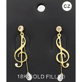 CZ Stone Pointed Metal Treble Clef Dangle Earrings