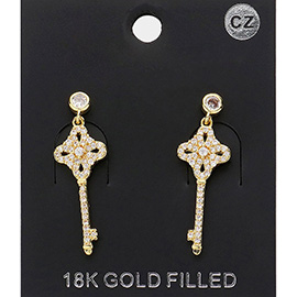 CZ Stone Paved Key Dangle Earrings