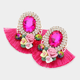 Round Glass Stone Flower Pointed Bohemian Thread Fringe Earrings 