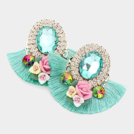 Round Glass Stone Flower Pointed Bohemian Thread Fringe Earrings 