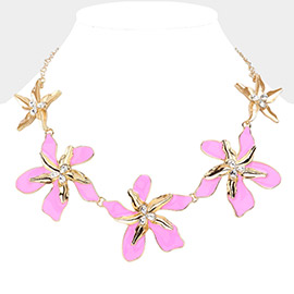 Teardrop Stone Pointed Enamel Flower Link Necklace