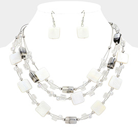 Marbled Square Bead Accented Triple Layered Bib Necklace