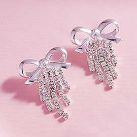 Metal Bow Rhinestone Fringe Earrings