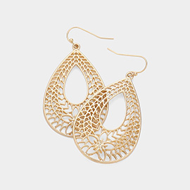 Brushed Metal Filigree Flower Pointed Open Teardrop Dangle Earrings