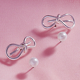 2Pairs - Metal Wire Bow Pearl Stud Earrings