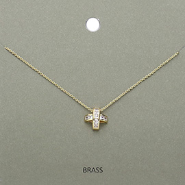 Stone Embellished Brass Metal Cross Pendant Necklace