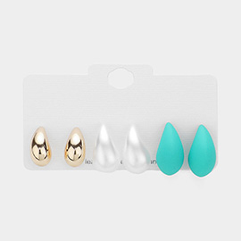 3Pairs - Metal Pearl Matte Teardrop Stud Earrings Set