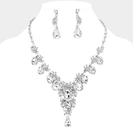 Pearl Rhinestone Paved Vine Teardrop Stone Cluster Link Evening Necklace