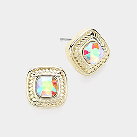 14K Gold Plated Stone Paved Square Stud Earrings