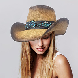 Turquoise Stone Western Flower Pointed Flower Embroidered Genuine Leather Band Straw Cowboy Hat