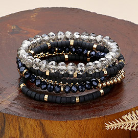 6PCS - Faceted Beaded Wood Stretch Multi Layered Bracelets