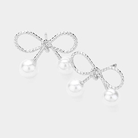 Pearl Tip Textured Metal Bow Stud Earrings