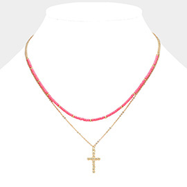 Metal Ball Cross Pendant Seed Beaded Double Layered Necklace