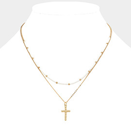 Metal Ball Cross Pendant Seed Beaded Double Layered Necklace