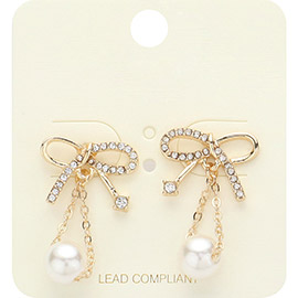 Pearl Pointed Rhinestone Paved Bow Earrings