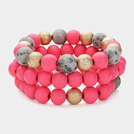 3PCS - Metal Natural Stone Wood Beaded Stretch Multi Layered Bracelets