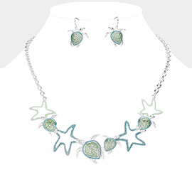 Enamel Open Starfish Sea Turtle Link Necklace